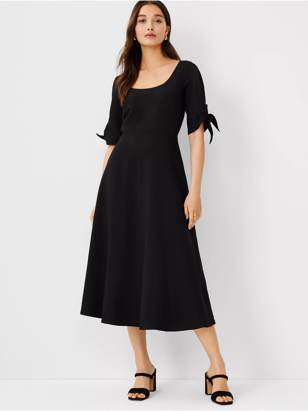 NWT Ann Taylor‎ size 8 Tie Sleeve Scoop Neck Flare Dress black midi